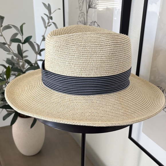 Glitzy Bella Brand Stylish Straw Hat with Grey Black Striped Ribbon - Picture 4 of 8